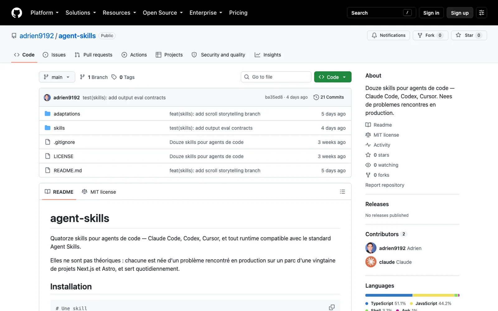 Dépôt GitHub public de la bibliothèque agent-skills avec dossiers et documentation