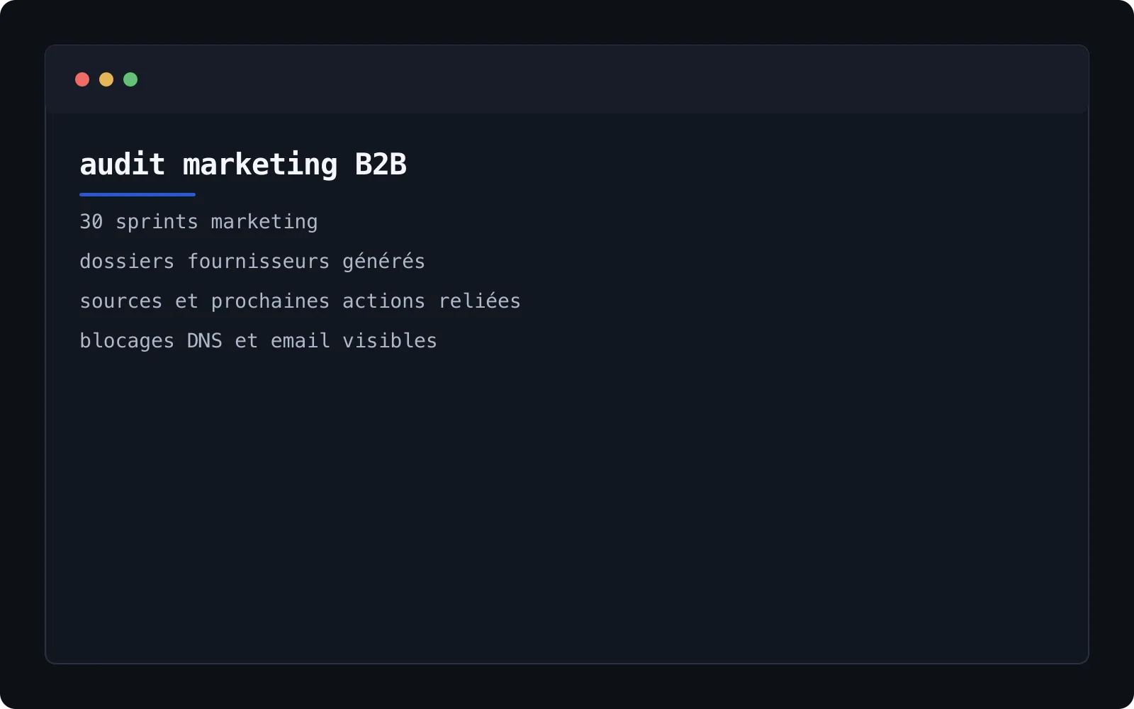 Capture terminal résumant les sprints marketing, dossiers fournisseurs et blocages documentés