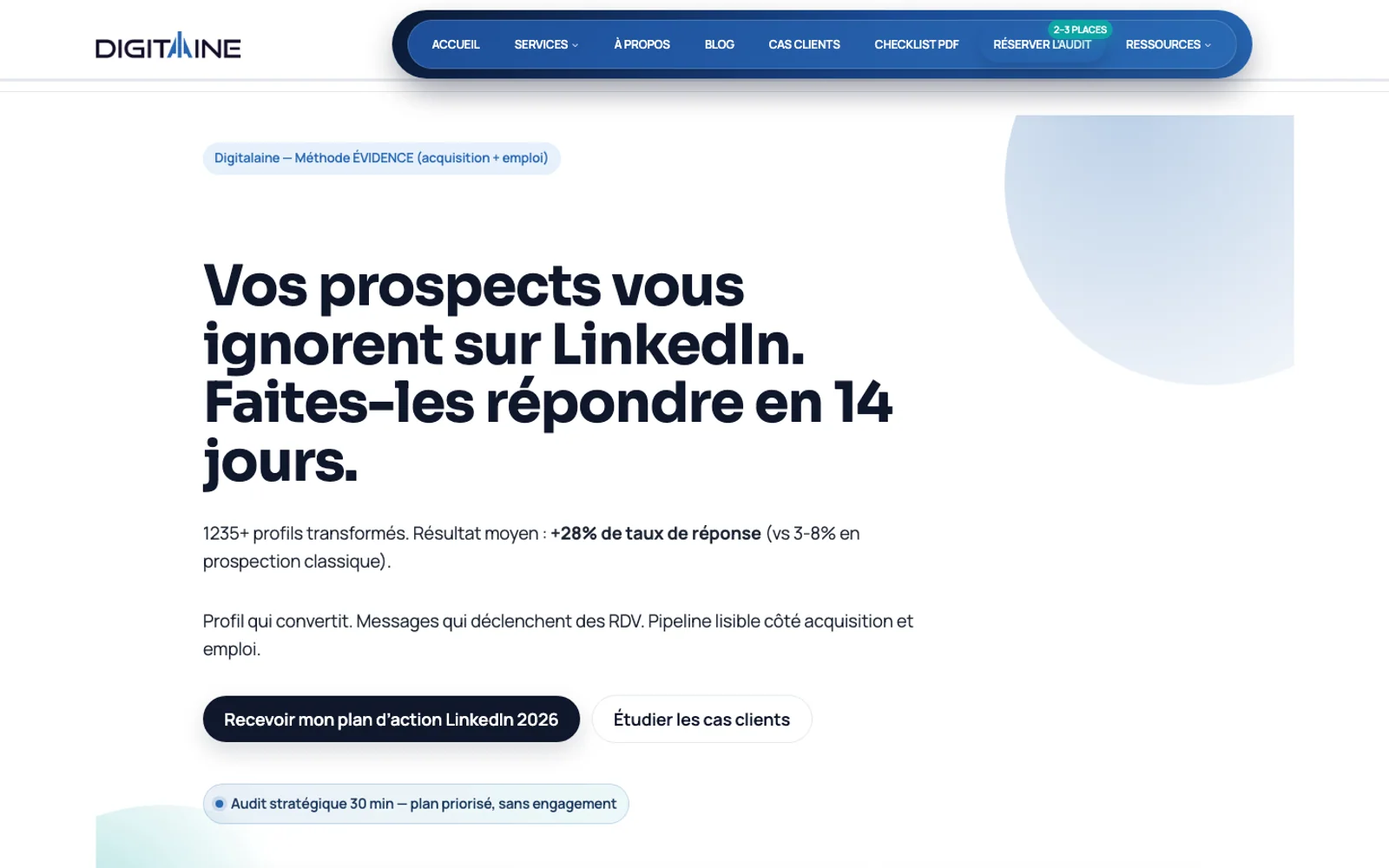 Page d’accueil publique de Digitalaine avec proposition LinkedIn et appel à l’action
