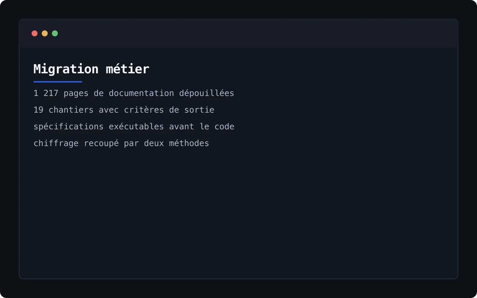 Capture terminal synthétisant la documentation, les chantiers et la méthode de chiffrage