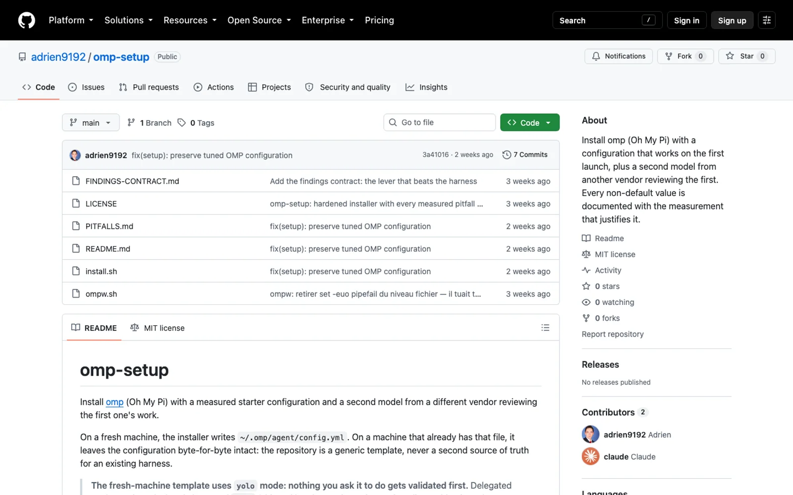 Dépôt GitHub public omp-setup avec scripts, pièges documentés et table de réglages