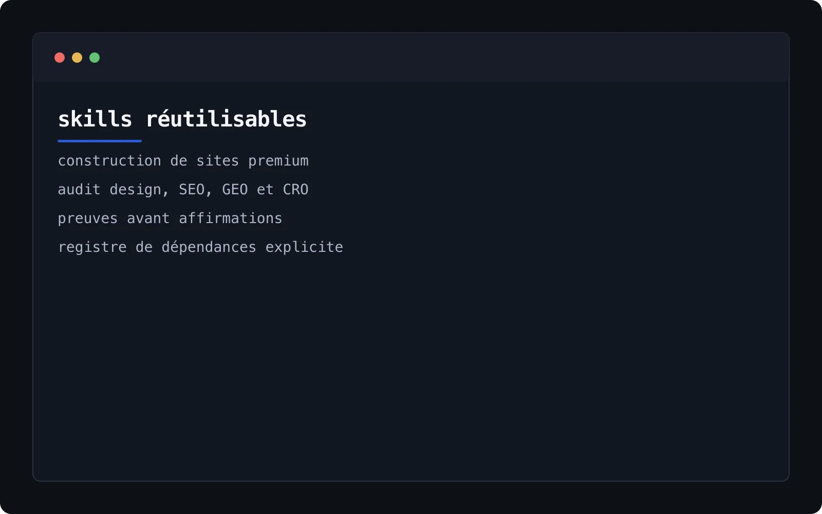 Capture terminal listant construction de sites, audits, preuves et registre de dépendances