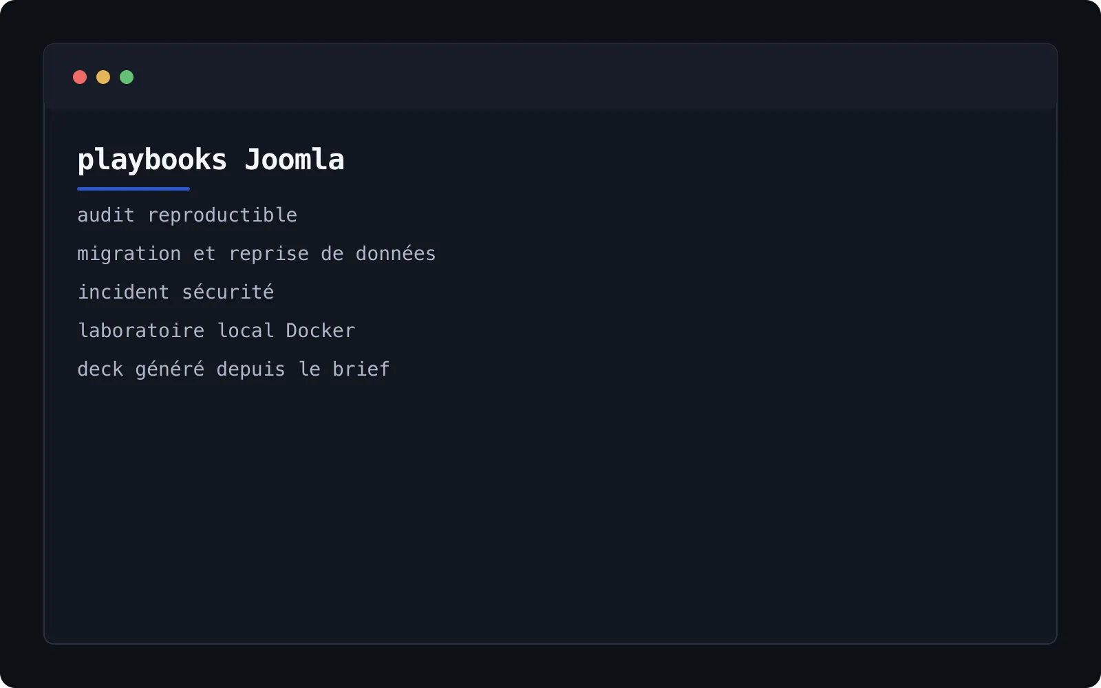 Capture terminal résumant audit, migration, incident, laboratoire Docker et génération de deck Joomla