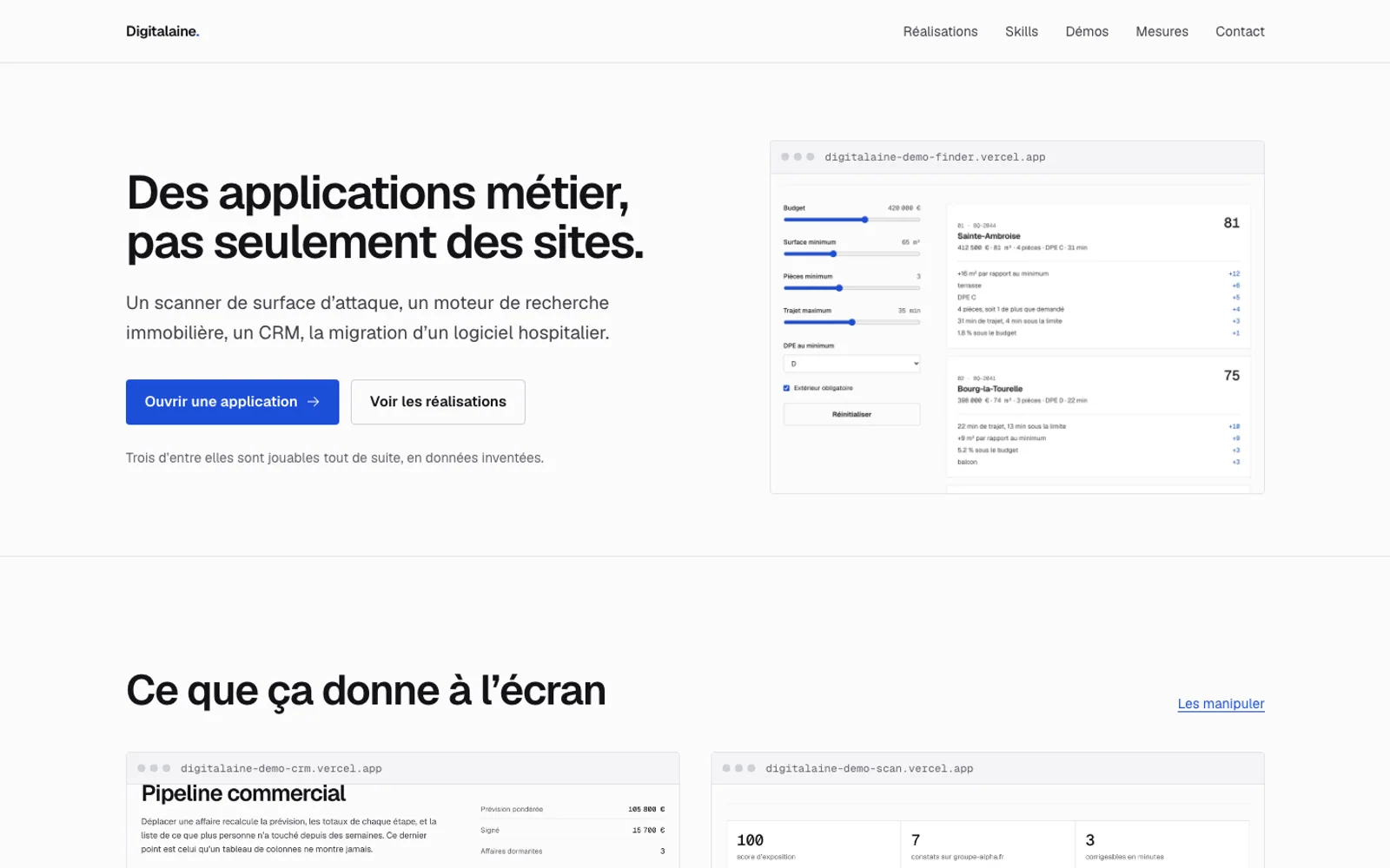 Ancienne version claire du portfolio avec hero, captures de démos et réalisations