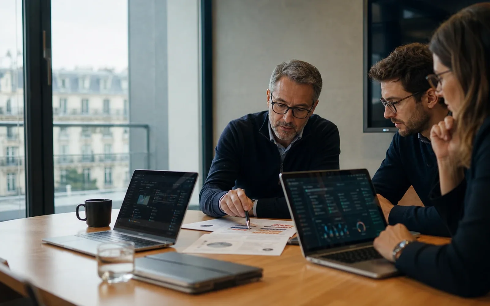 Image éditoriale montrant une équipe technique autour d’écrans de travail