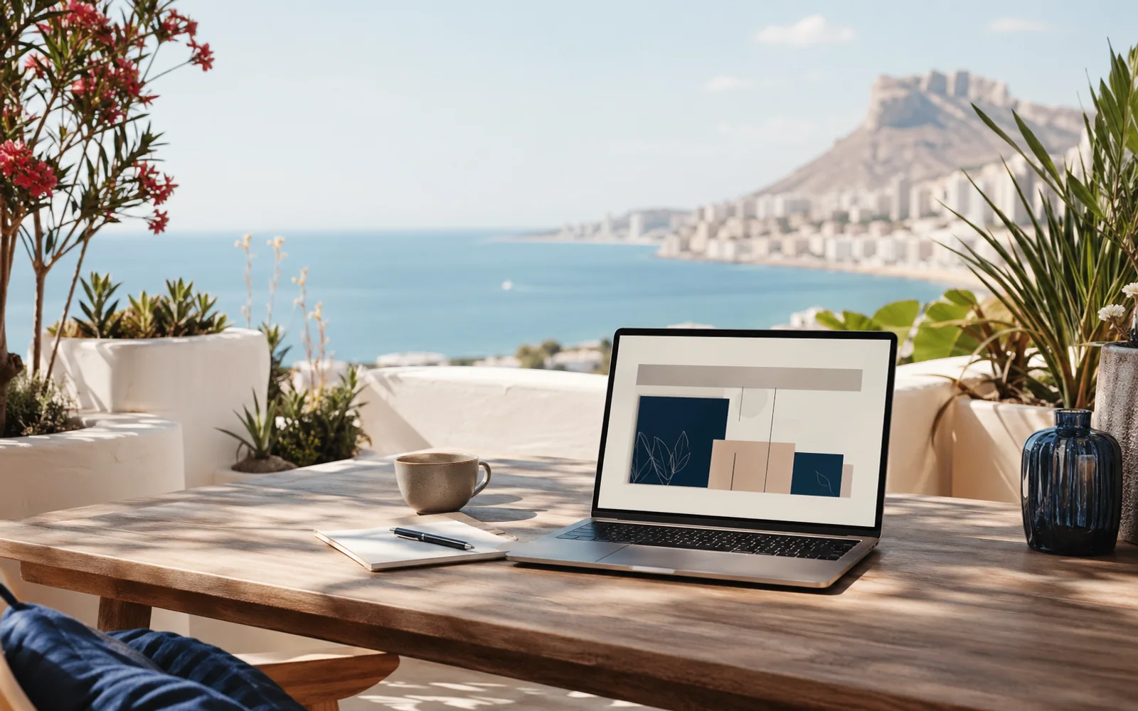 Bureau lumineux face à la mer utilisé dans le hero du site expatriation