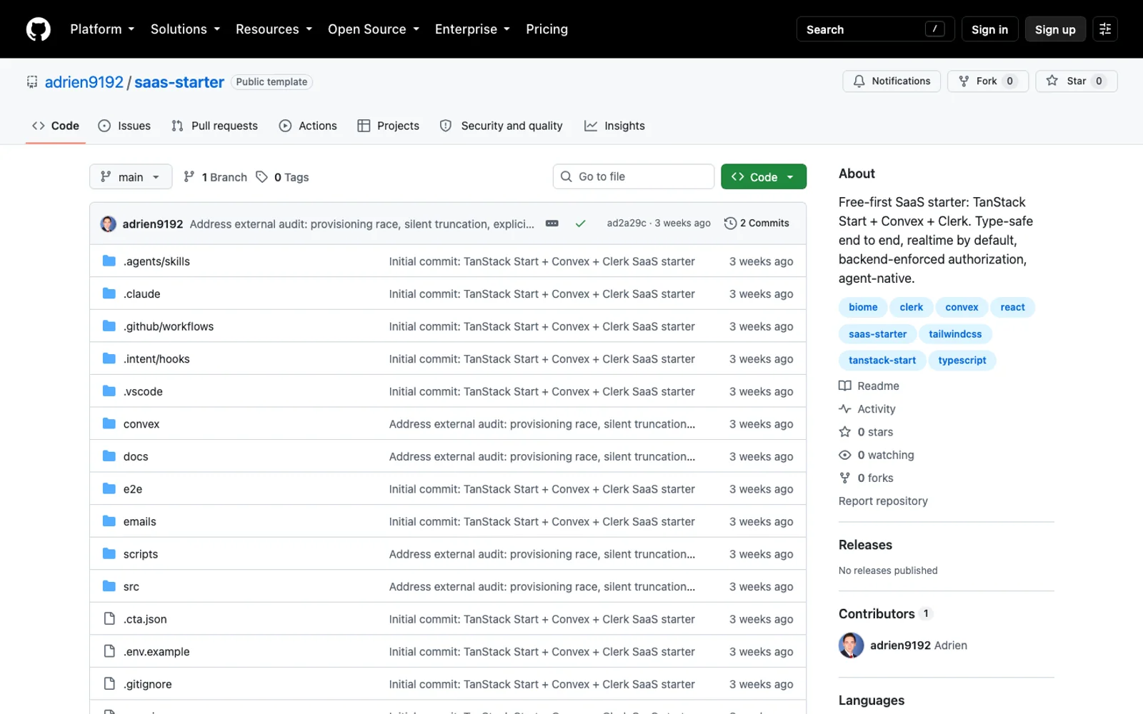 Dépôt public du starter SaaS montrant sa structure et sa documentation